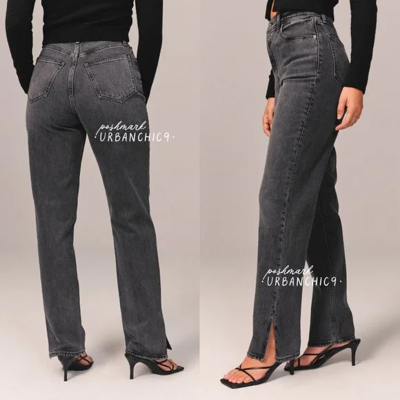 NWT ABERCROMBIE Curve Love 90s High Rise Straight Jean Gray Side Slit size 27 - Picture 3 of 14